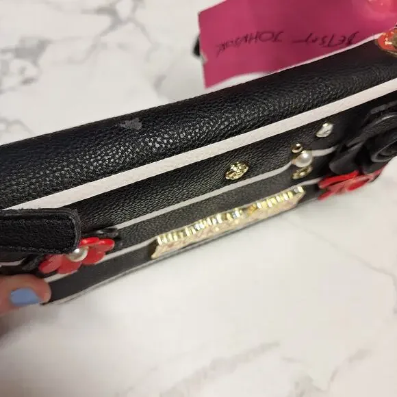 Betsey Johnson NEW zip around wristlet wallet faux leather w roses striped bling - Picture 5 of 13